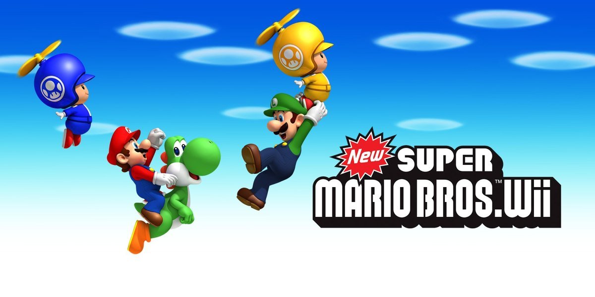 New Super Mario Bros. Wii artwork with Mario, Luigi and the Toads in propeller suits