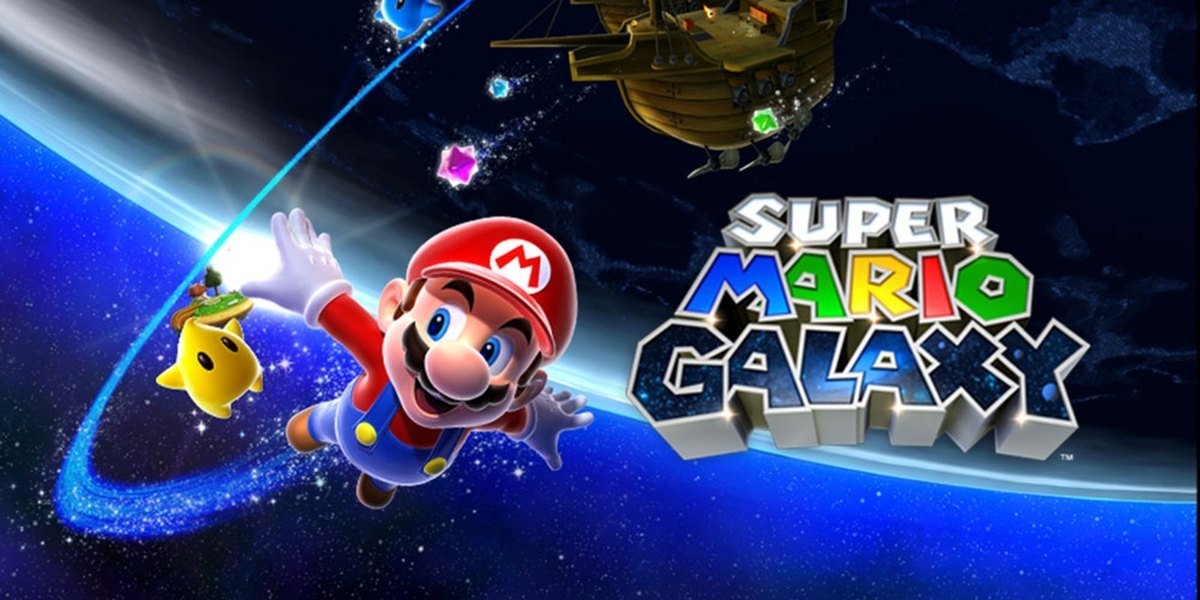 Super Mario Galaxy artwork with Mario flying through space