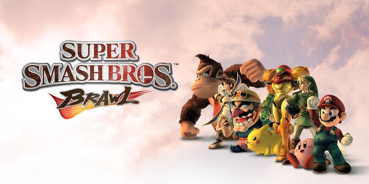 Super Smash Bros. Brawl artwork with Mario, Donkey Kong, Link, Pikachu and other fighters