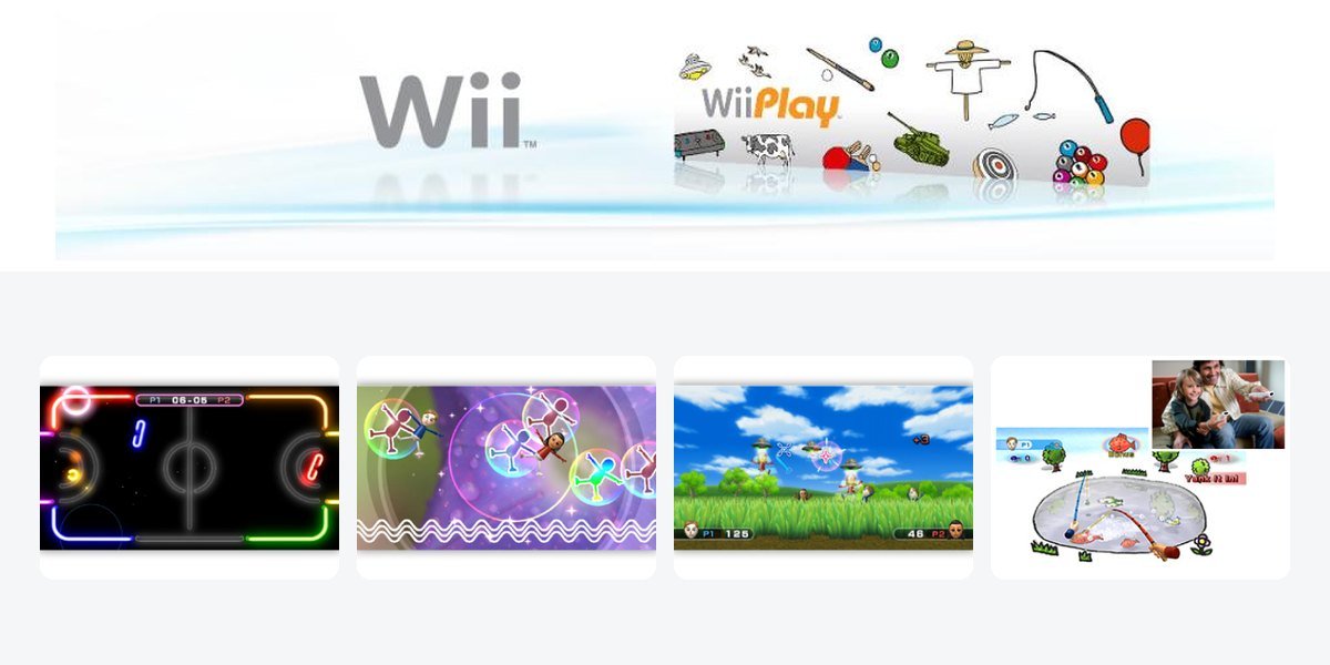 Wii Play logo with four minigame screenshots including air hockey and shooting range