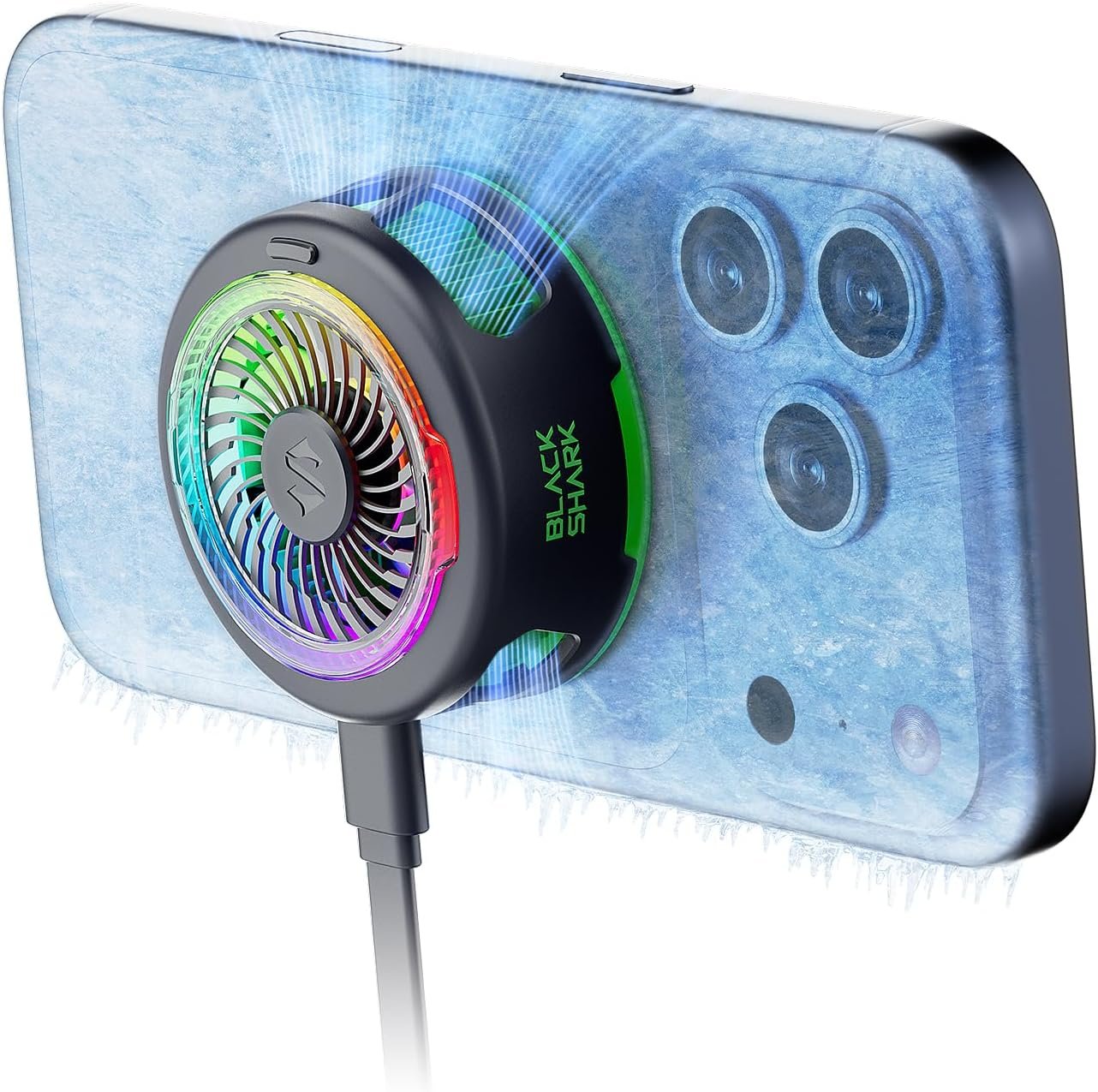 Black Shark FunCooler 6 magnetic mobile cooler with RGB fan on the back of an iPhone