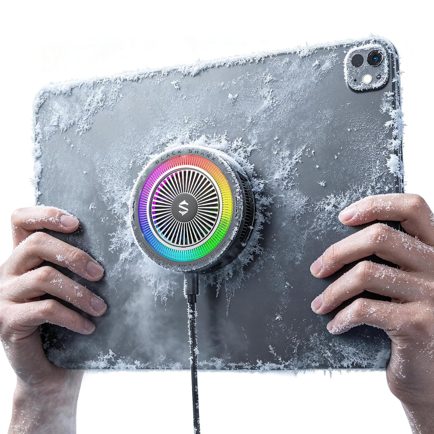 Black Shark iPad Cooler attached magnetically to the back of an iPad