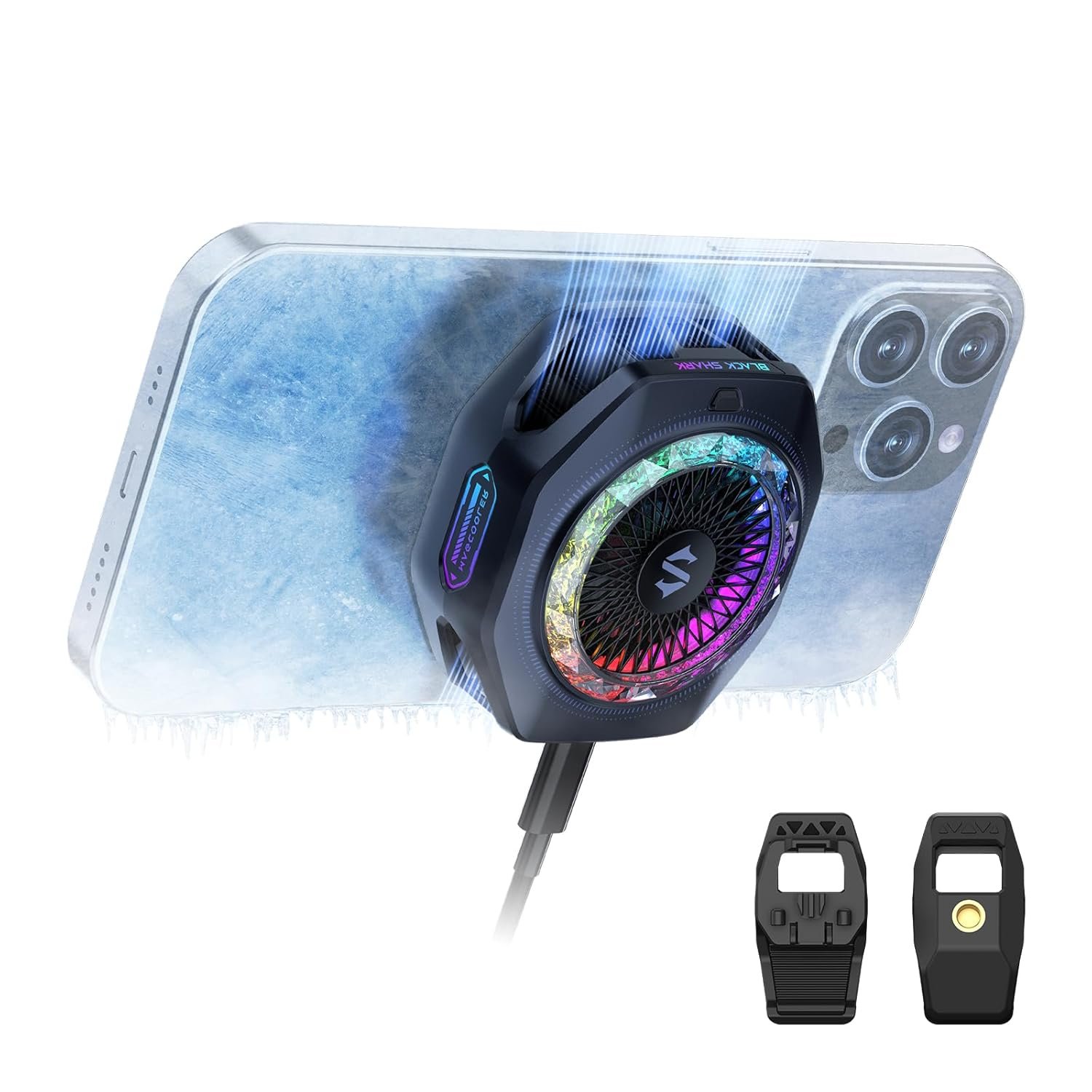 Black Shark Magnetic Phone Cooler 5 Pro on a phone, with its two detachable clip-on grips