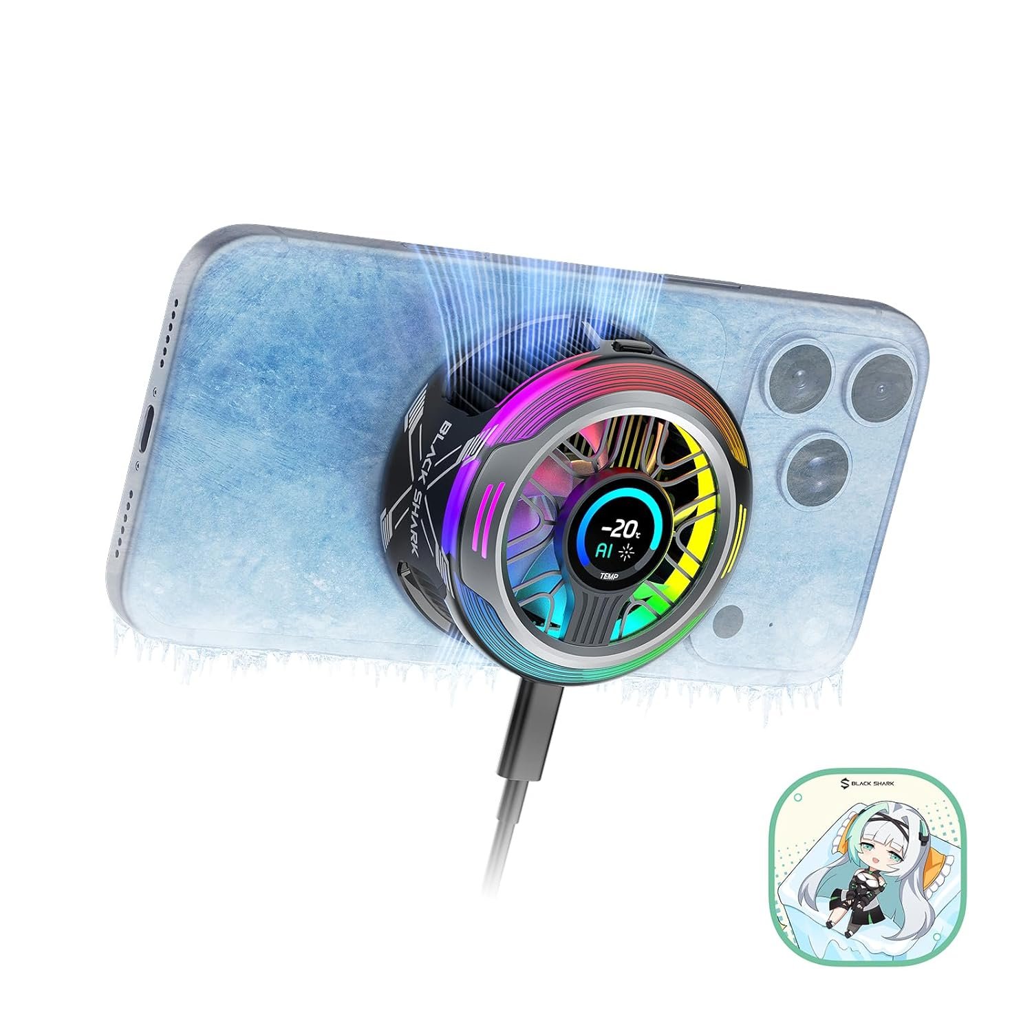 Black Shark Magnetic Phone Cooler 6 Pro with its full-colour display attached to the back of an iPhone