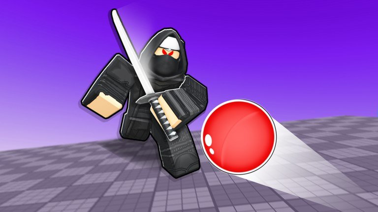Blade Ball artwork of a hooded ninja holding a katana as a red ball rolls toward him across a purple arena