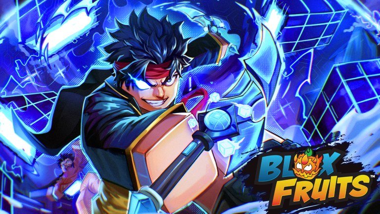 Blox Fruits artwork of a fighter wrapped in blue energy against a neon grid