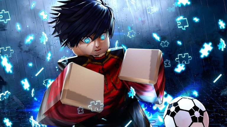 Blue Lock: Rivals artwork of a dark-haired striker with glowing blue eyes beside a football among floating puzzle pieces