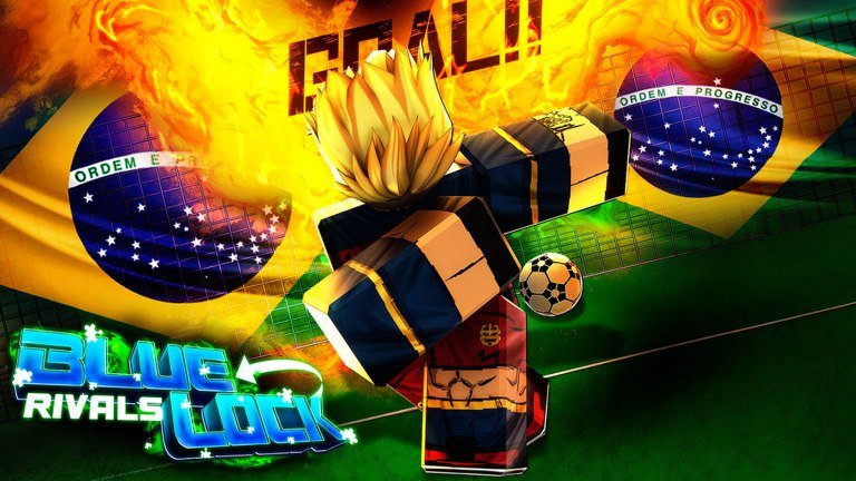 Blue Lock: Rivals artwork of a blond player striking a burning football in front of Brazil flags under a GOAL banner