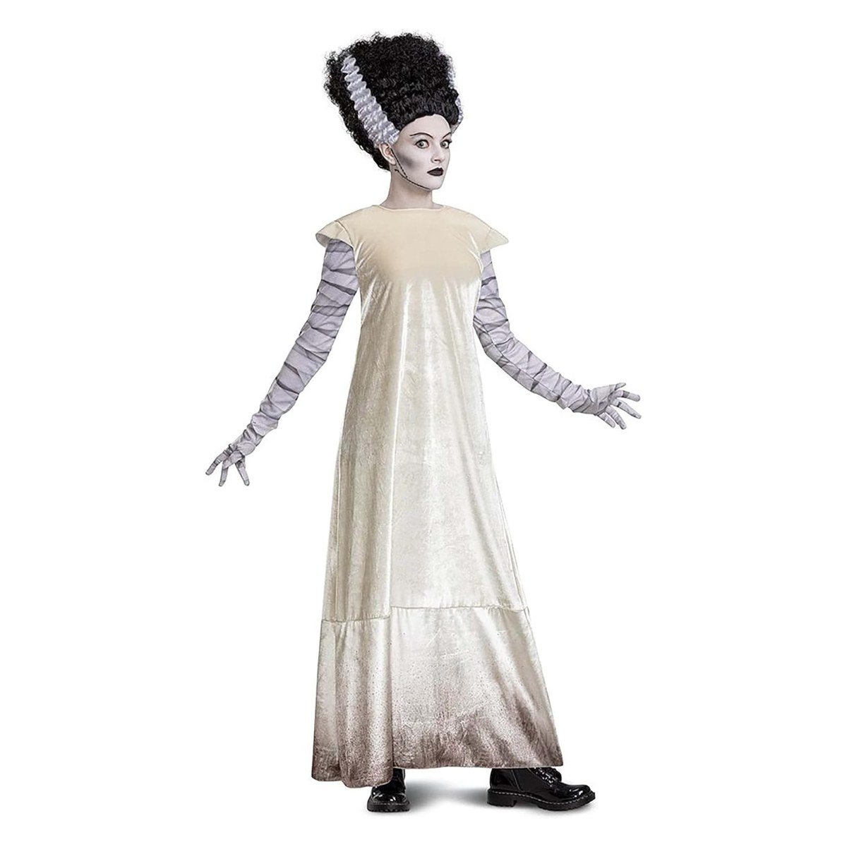 Disguise Bride of Frankenstein costume with white dress and streaked beehive wig