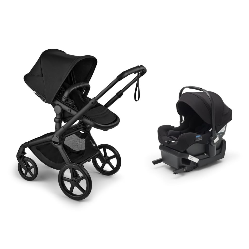 Bugaboo Fox 5 Renew stroller in black beside the Turtle Air Shield infant car seat on its base