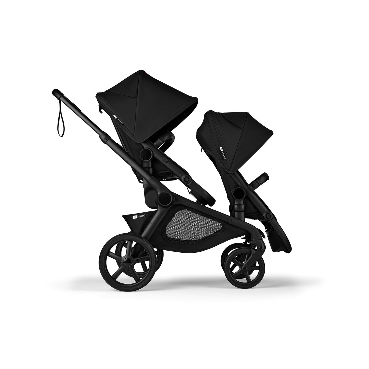 Bugaboo Kangaroo stroller in black with the sibling seat fitted behind the main seat