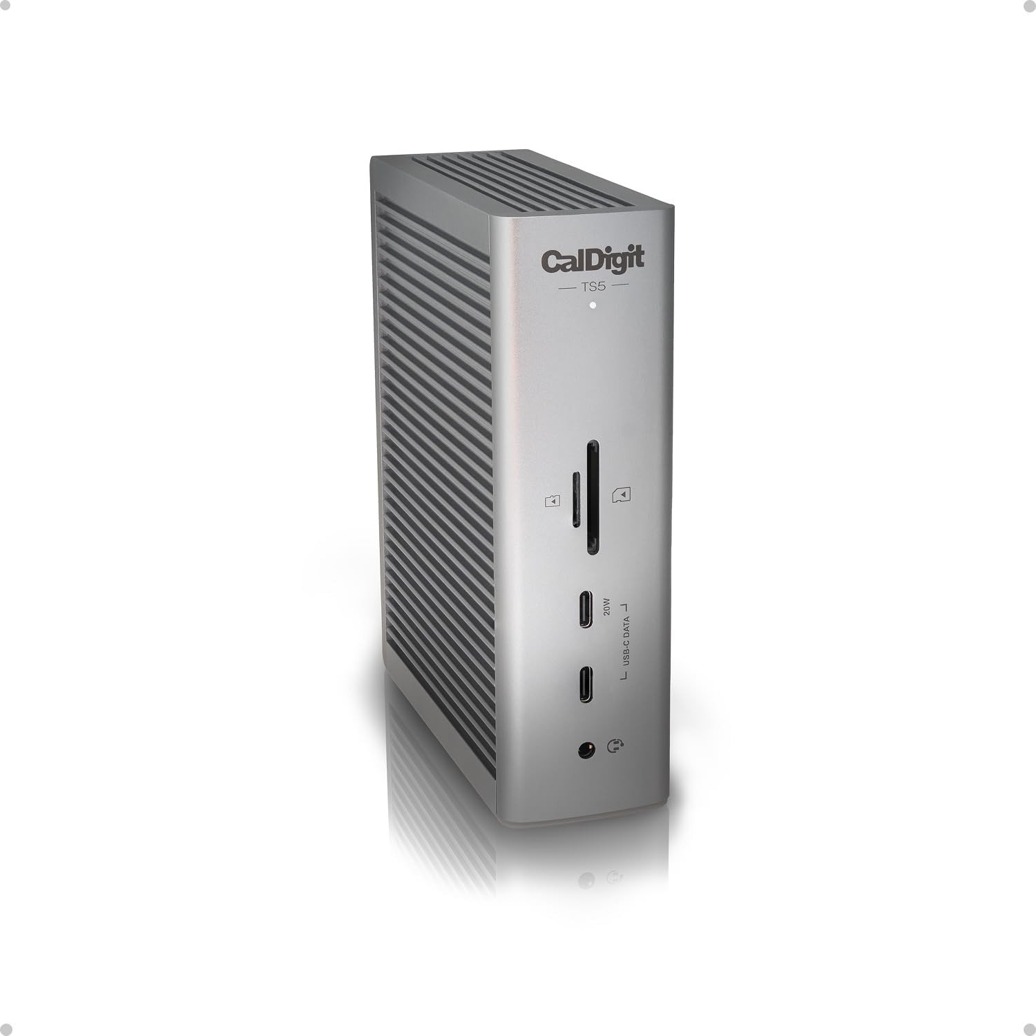 CalDigit TS5 Thunderbolt 5 dock in silver standing upright with its front ports and card readers