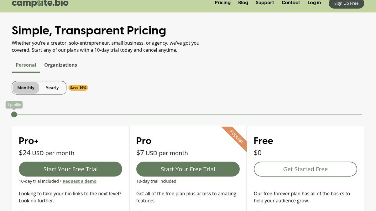 Campsite.bio pricing page showing Personal and Organizations plan tabs