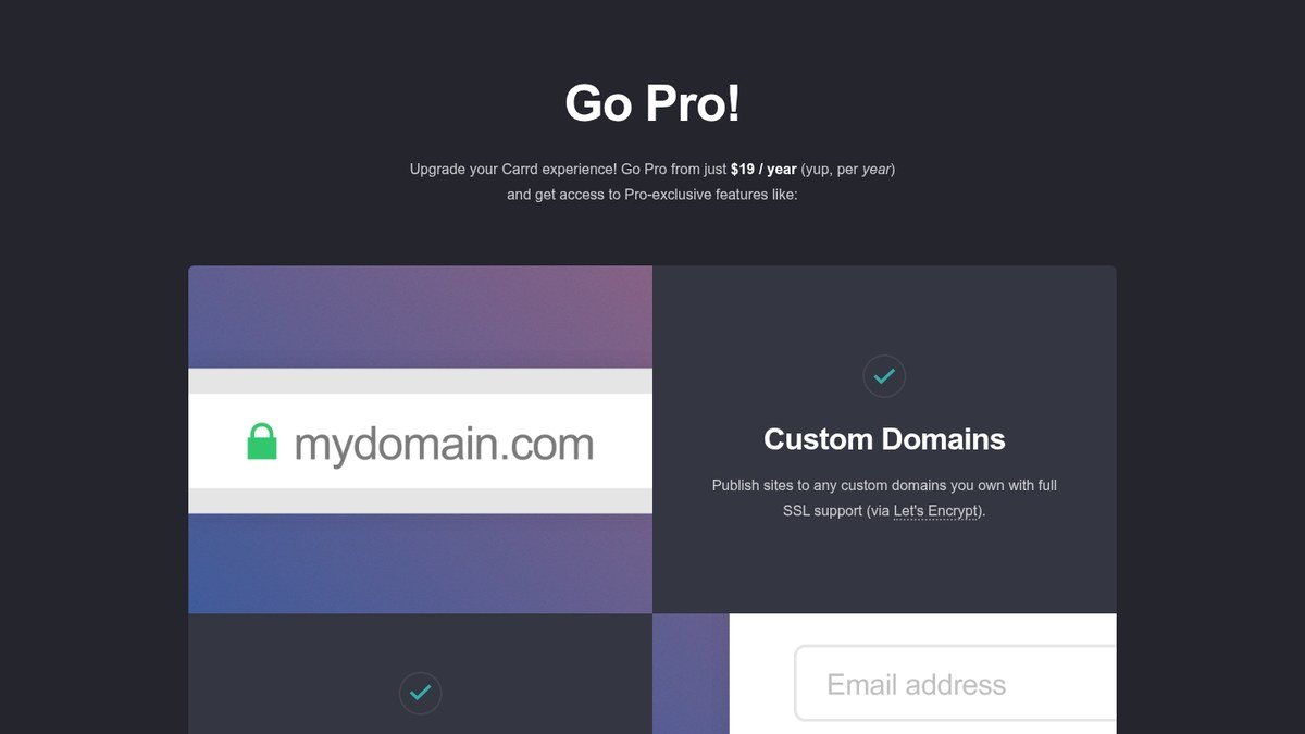 Carrd Pro page showing custom domain support, forms and embeds