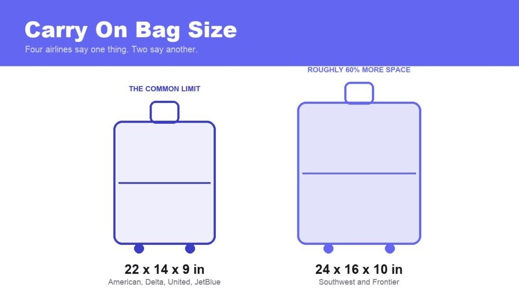 Carry on bag size compared, 22 by 14 by 9 against 24 by 16 by 10 inches