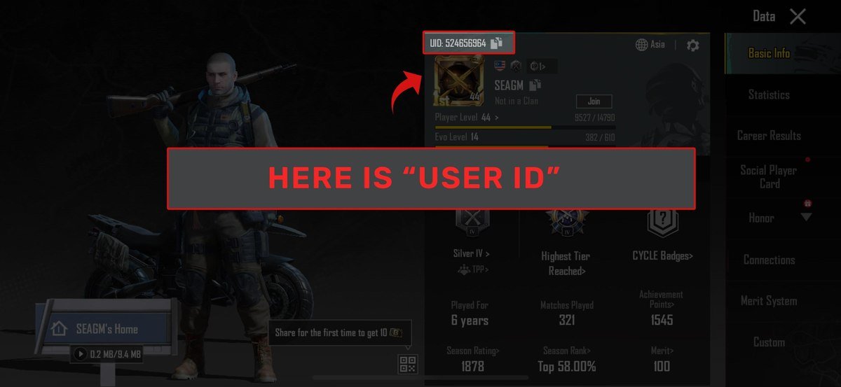 SEAGM guide screenshot pointing to the Player ID on the PUBG Mobile profile screen