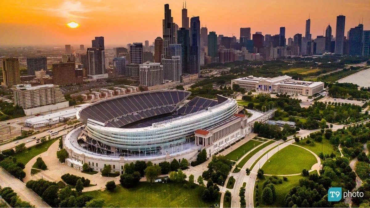 Aerial view of Soldier Field and the Chicago skyline, home of the Chicago Bears