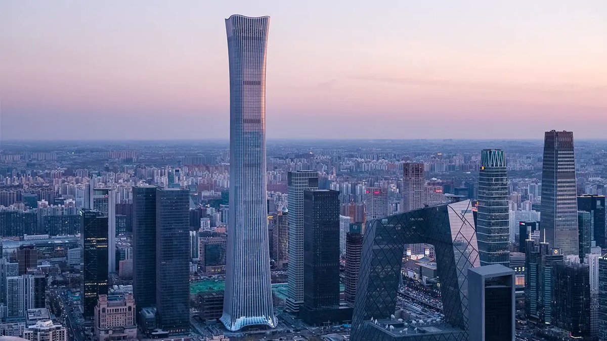 CITIC Tower, known as China Zun, above the Beijing CBD at dusk