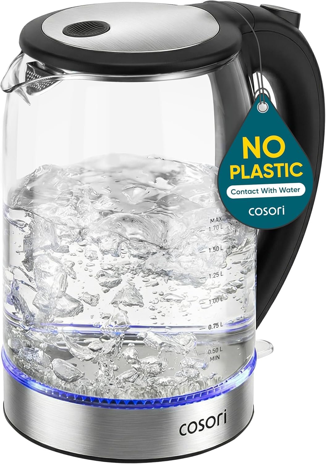 Cosori 1.7 litre glass electric kettle with stainless steel base and blue interior light