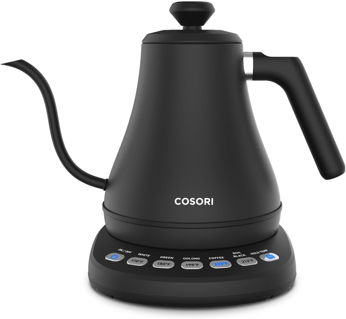Cosori gooseneck electric kettle in black with digital temperature presets on the base