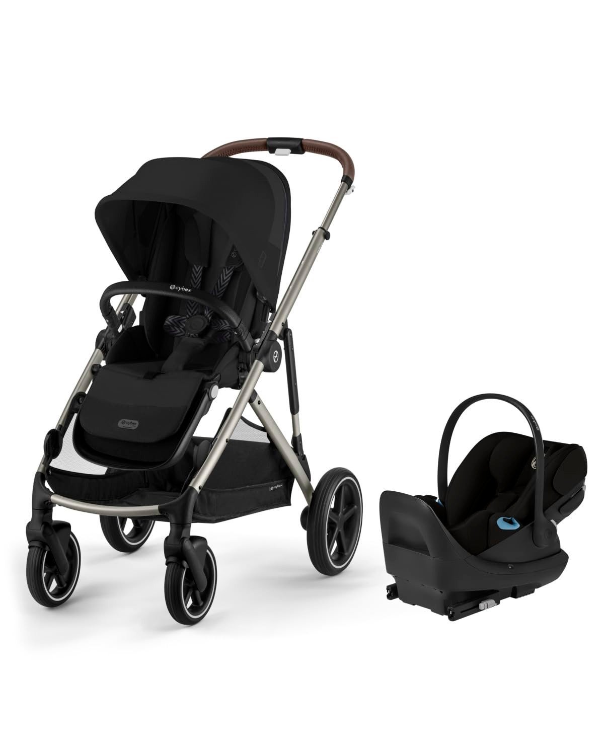 Cybex Gazelle S stroller with a taupe frame and Moon Black seat beside the Cloud G Pro infant car seat on its base