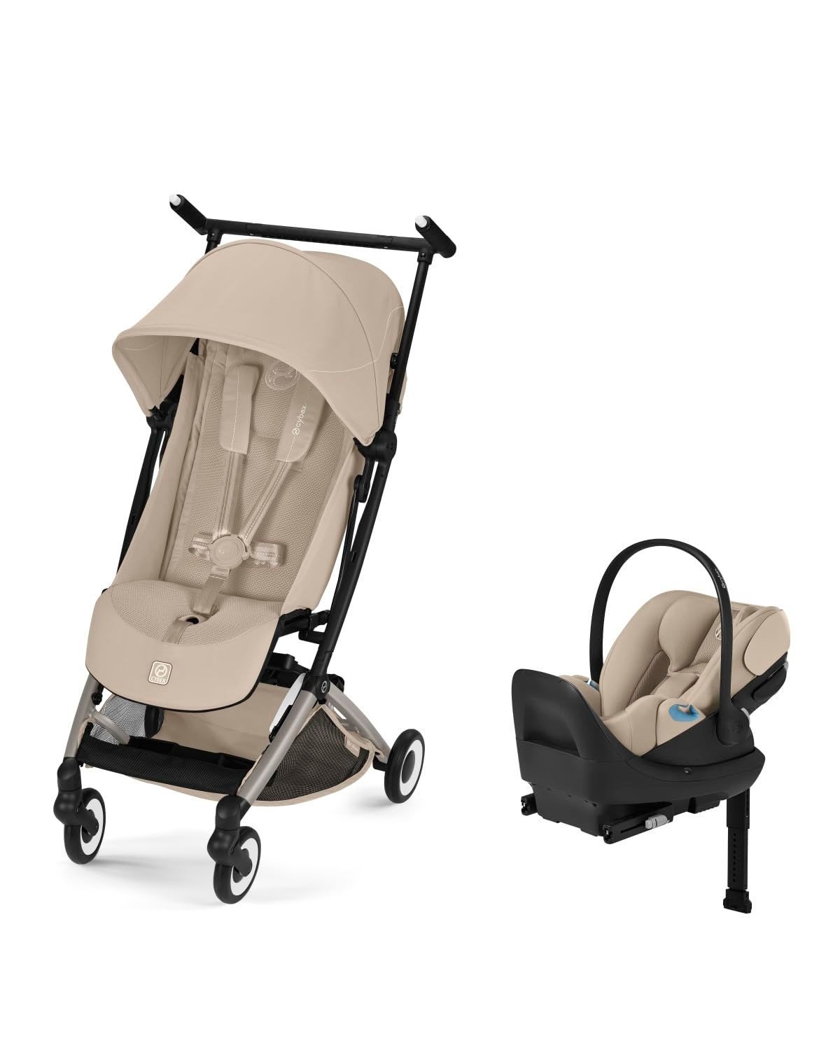 Cybex Libelle compact stroller in Almond Beige beside the Cloud G Pro infant car seat on its base