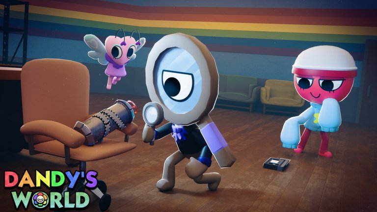 Dandy's World artwork of a magnifying-glass Toon searching a room while a pink Toon and a winged Toon look on