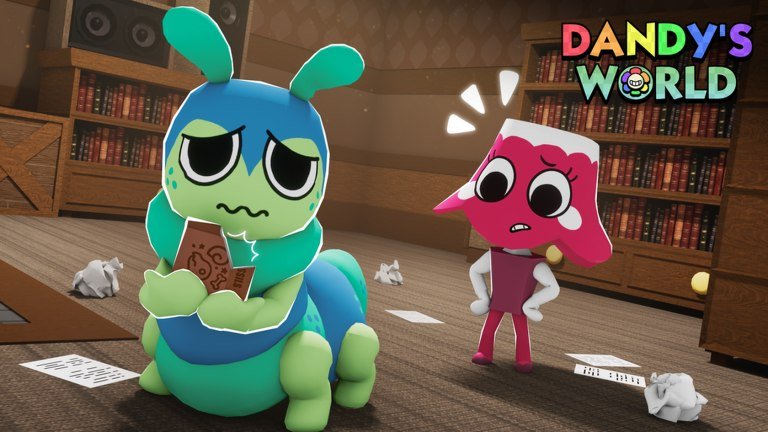 Dandy's World artwork of a green caterpillar Toon holding a book beside a startled pink Toon in a library