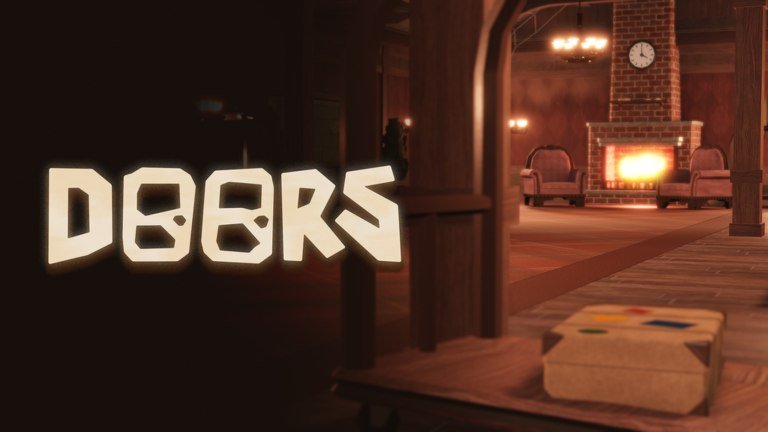 DOORS artwork of the hotel lobby with a lit fireplace beside the game logo