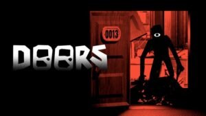 DOORS artwork of a one-eyed shadow entity standing in a red-lit doorway numbered 0013