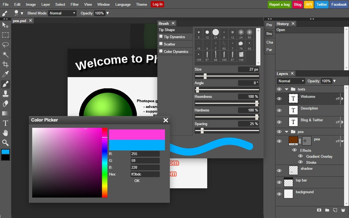 Photopea free online editor opening layered files