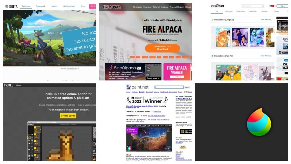 Free drawing software compared including Krita, FireAlpaca, ibis Paint X, Piskel, Paint.NET and MediBang Paint