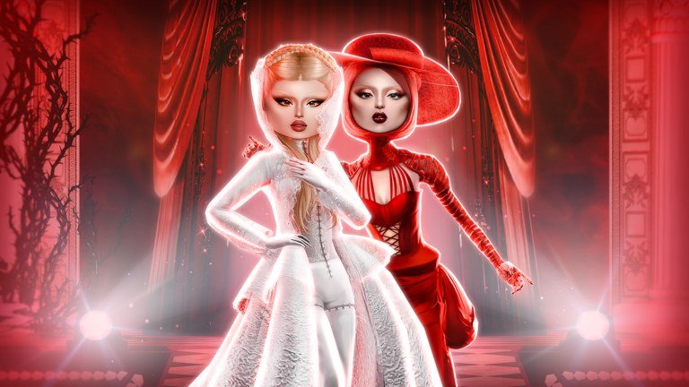 Dress to Impress models in red and white gowns posing in a theatrical setting