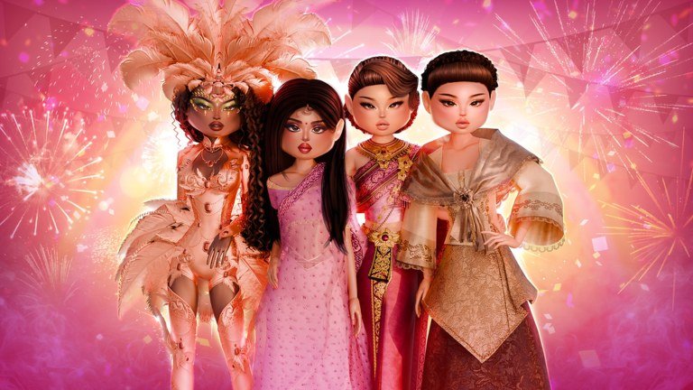 Dress to Impress models in traditional dress lined up against a pink celebratory background