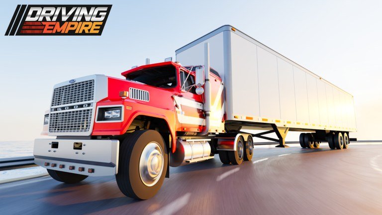 Driving Empire image of a red semi truck hauling a white trailer along a road