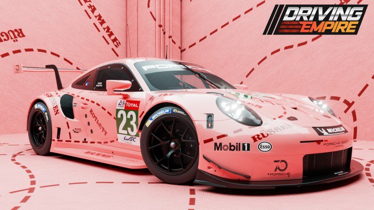 Driving Empire image of a pink Porsche race car numbered 23 in a pink studio