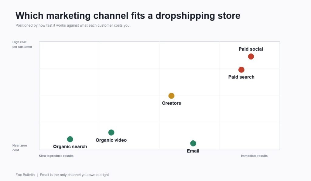 Dropshipping marketing channels plotted by speed of results against cost per customer