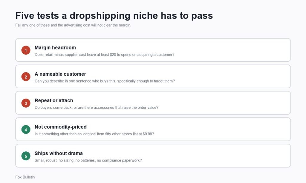 Five tests a dropshipping niche has to pass before it is worth building on
