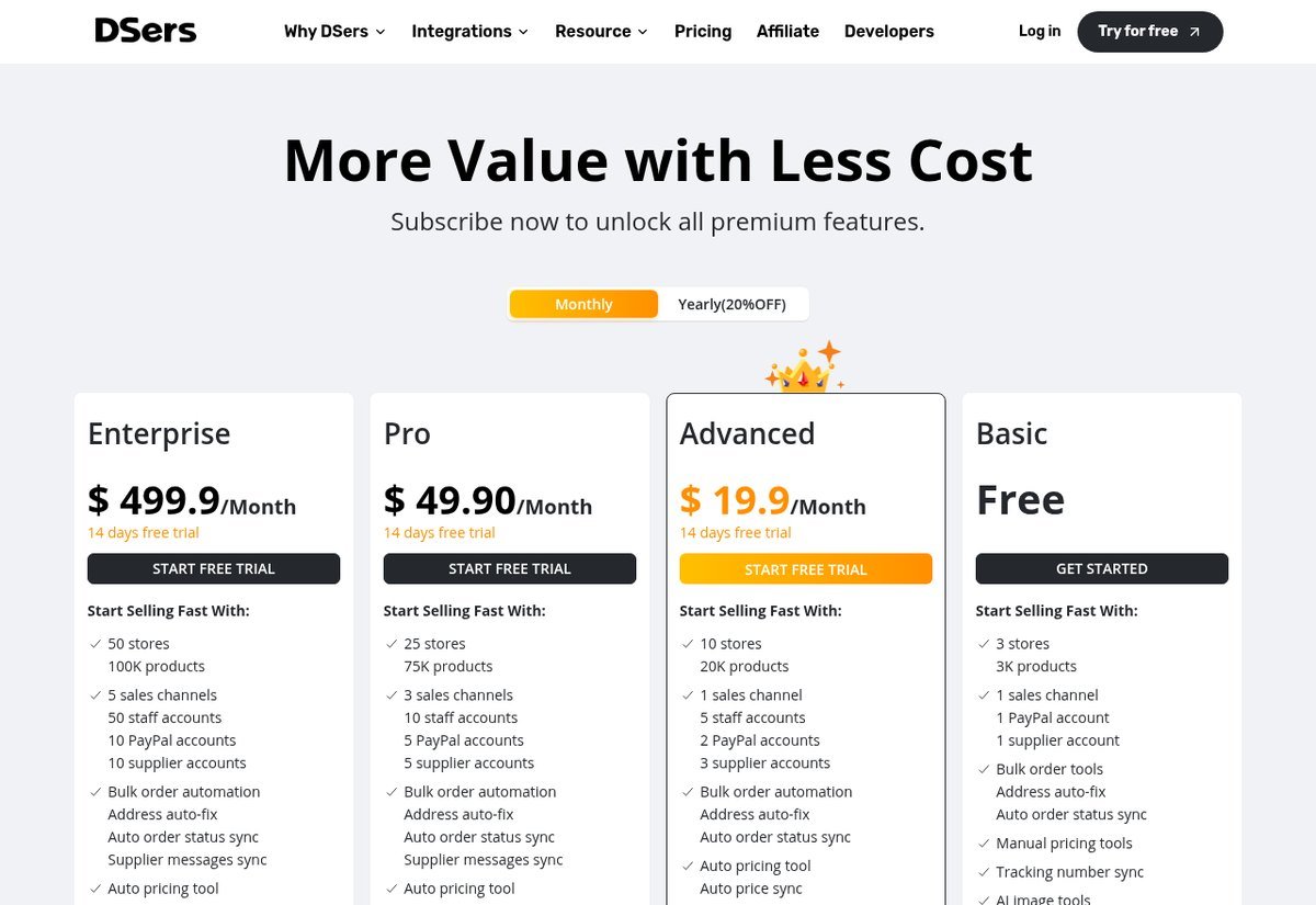 DSers dropshipping automation pricing plans