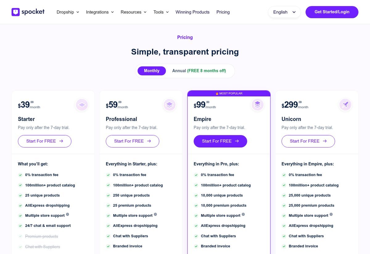 Spocket pricing plans for US and EU dropshipping suppliers