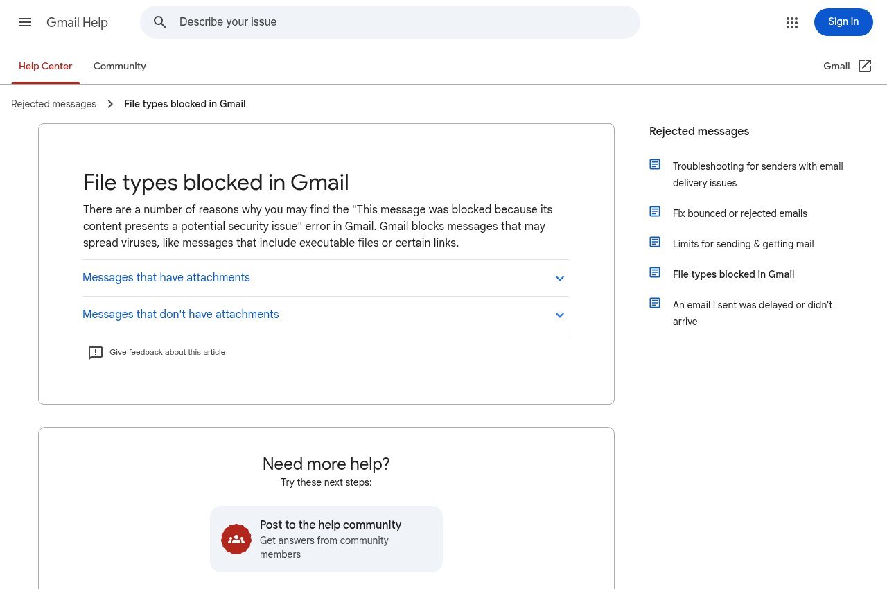 Gmail help page listing file types blocked as attachments