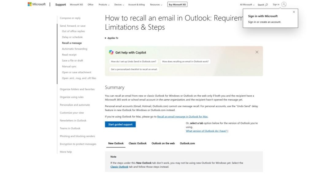 Microsoft support page explaining when an Outlook message recall works