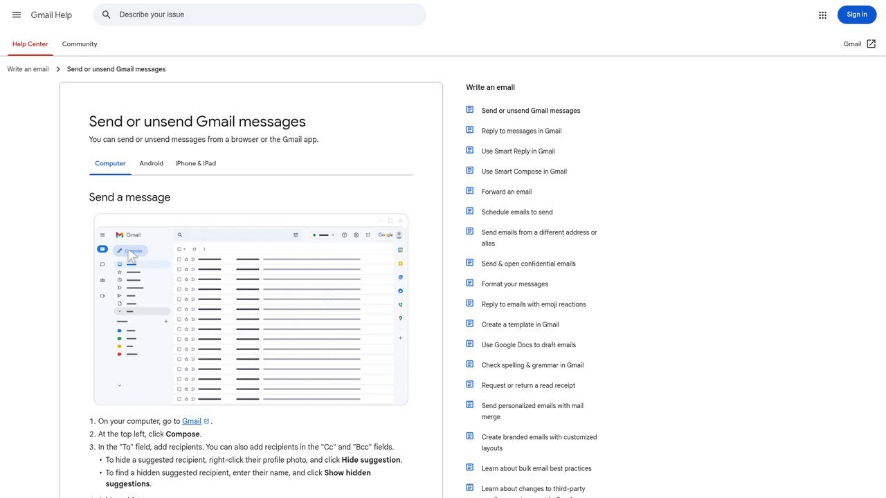 Gmail help page showing the undo send cancellation period options