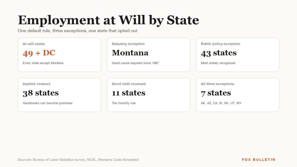 Employment at Will Explained by State: Which Exceptions Apply Where graphic with the headline and key figures