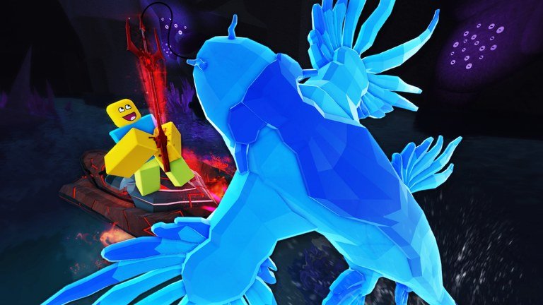 Fisch player casting beside a glowing blue bird creature in a dark cavern