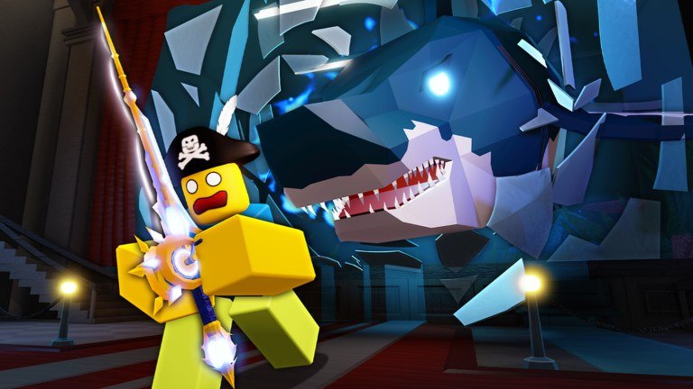 Fisch angler in a pirate hat facing a large shark at night