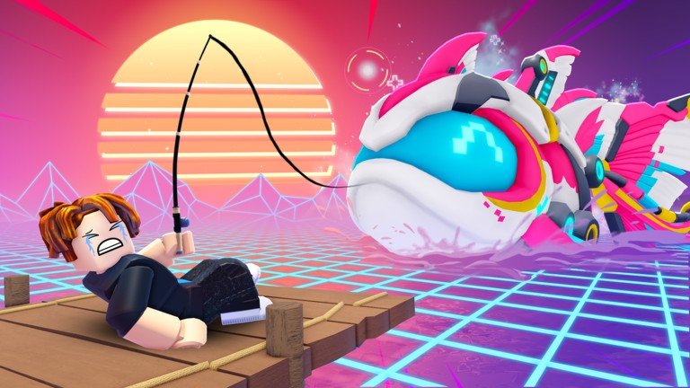 Fish It Roblox artwork of a player hooking a pink and blue robotic fish on a retro neon grid