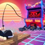 Fish It Roblox artwork of a player reeling in a creature beside a neon arcade cabinet for the Arcadia update