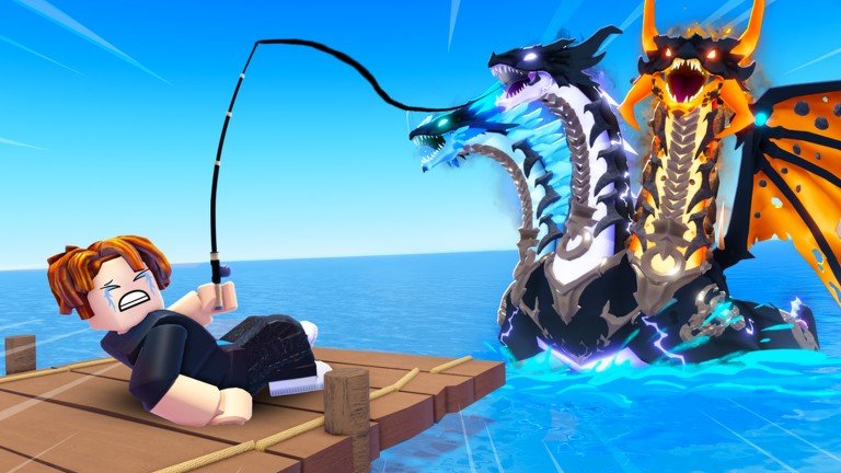 Fish It Roblox artwork of a player on a dock reeling in a multi-headed sea dragon