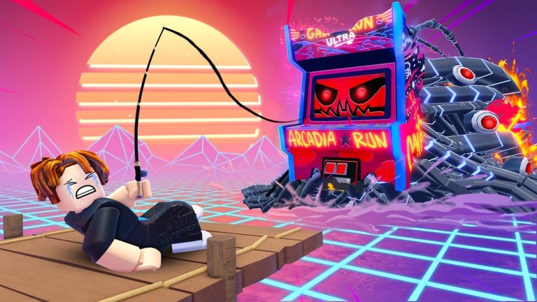 Fish It Roblox artwork of a player reeling in a creature beside a neon arcade cabinet for the Arcadia update